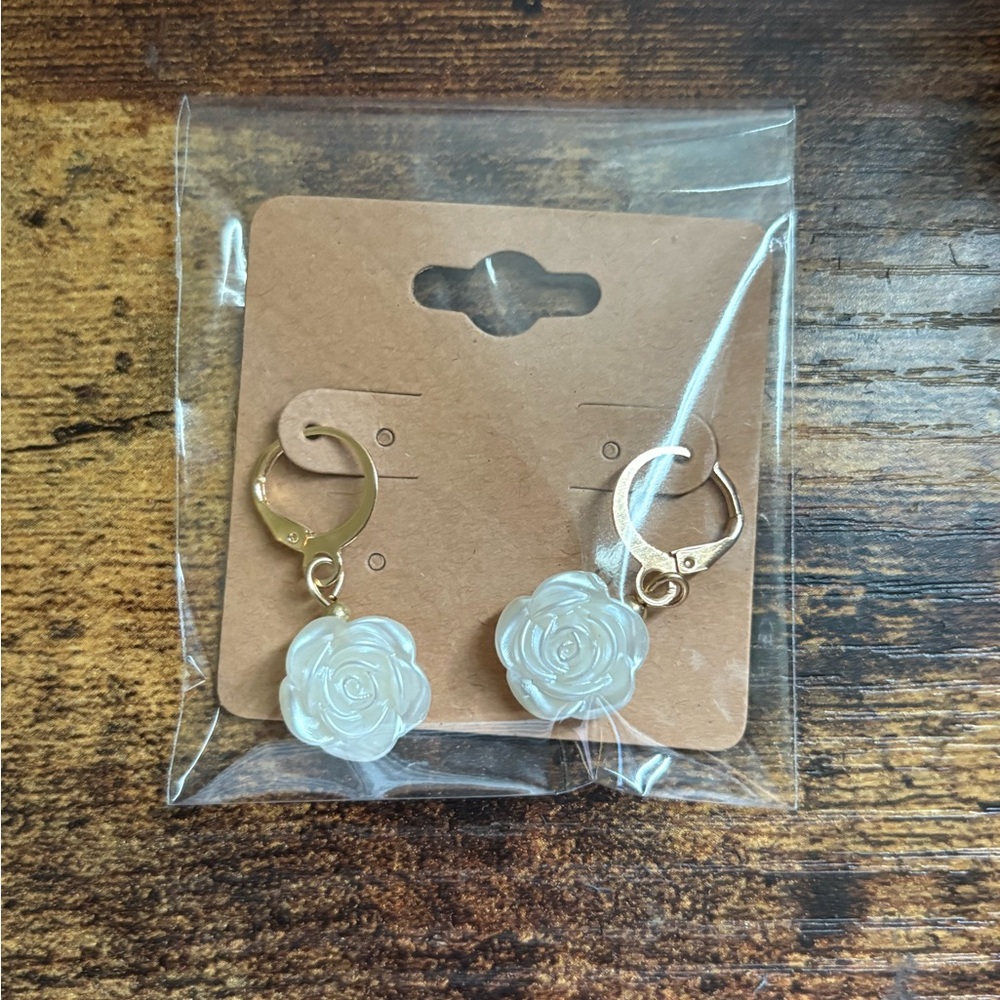 Gold and White Rose Earrings